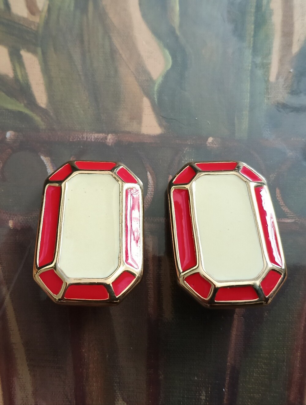 Vintage Red & Cream Enamel Gold Octagon Clip Earrings